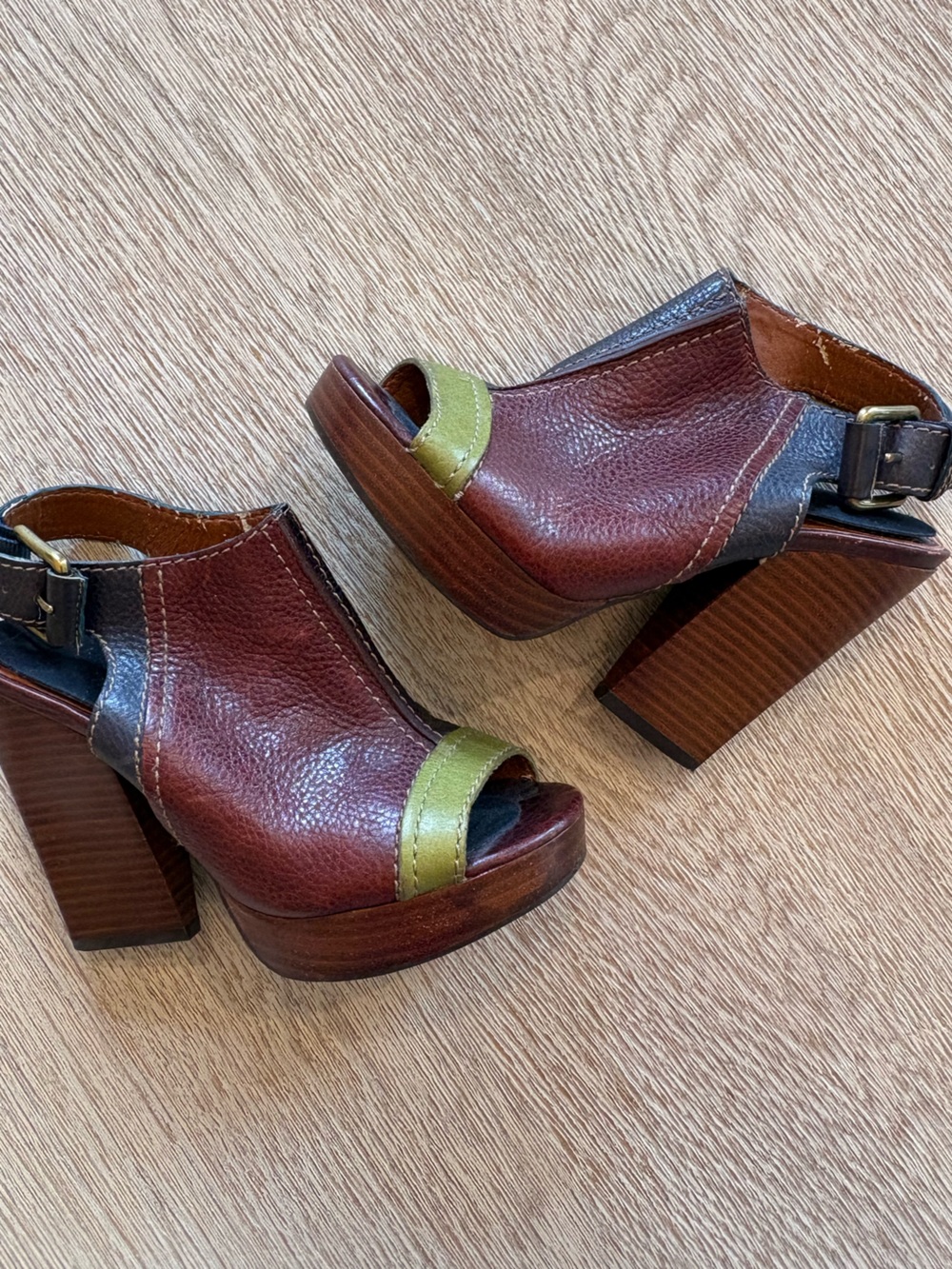 Lucky Brand Leather Platform Peep-Toe Heels Brown, Burgundy, Olive Sandals Clog